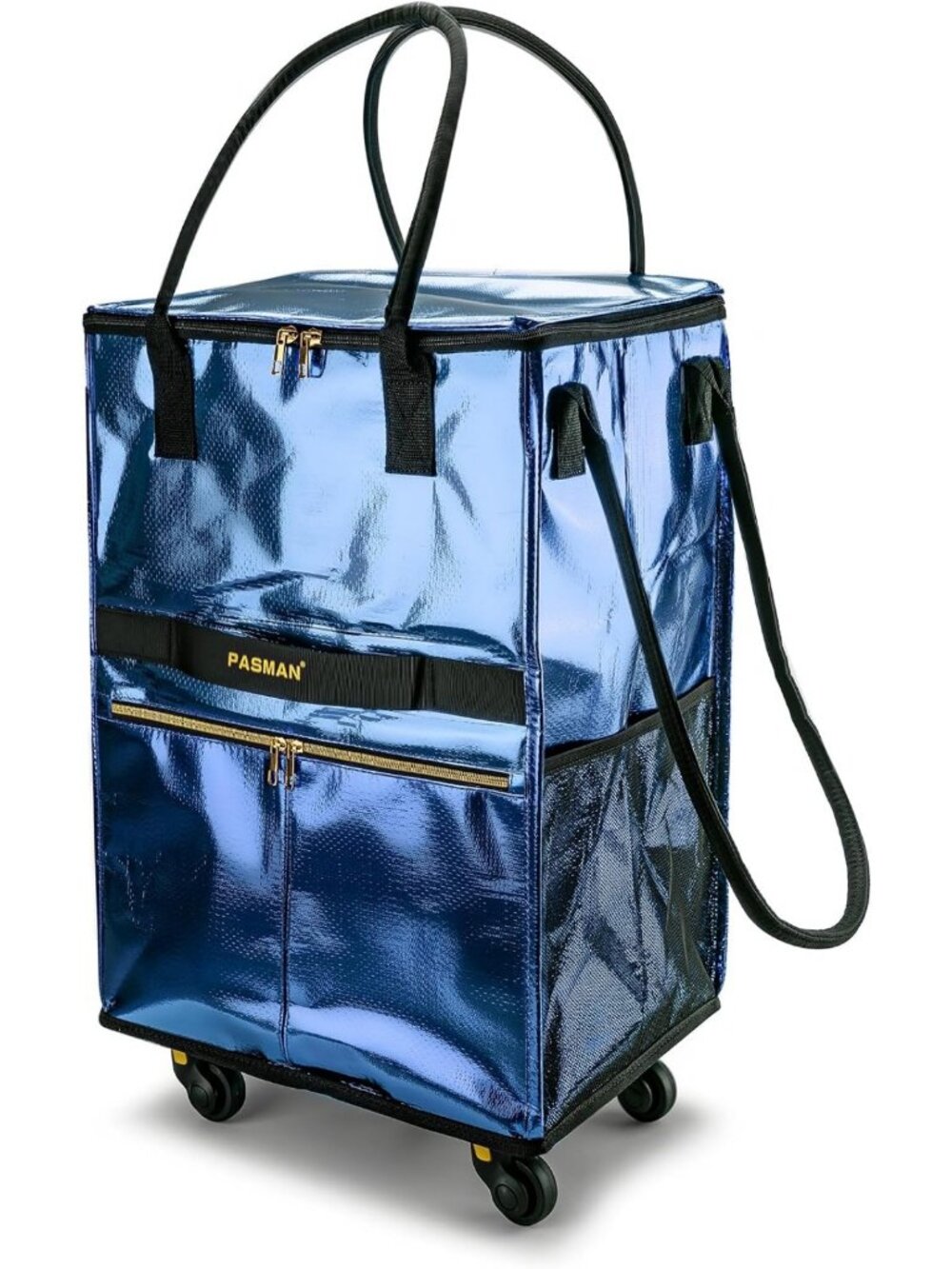 Medium Navy Blue Reusable Foldable Rolling Grocery Bag with 5 Wheels